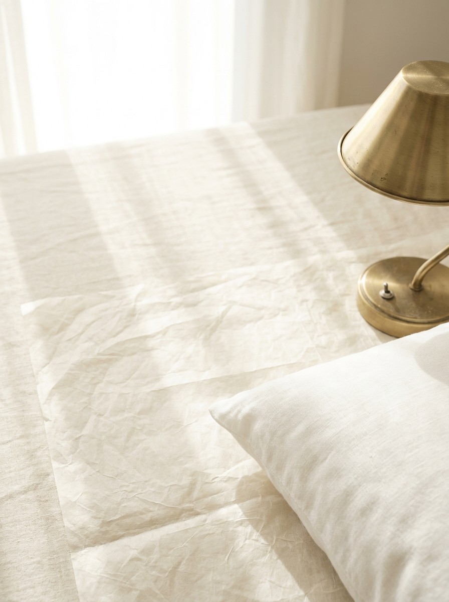 The corner of a white linen pillow and a switched-off brass bedside lamp pushed to the lower-right of cream linen and hanji, the upper-left left empty in soft morning light.