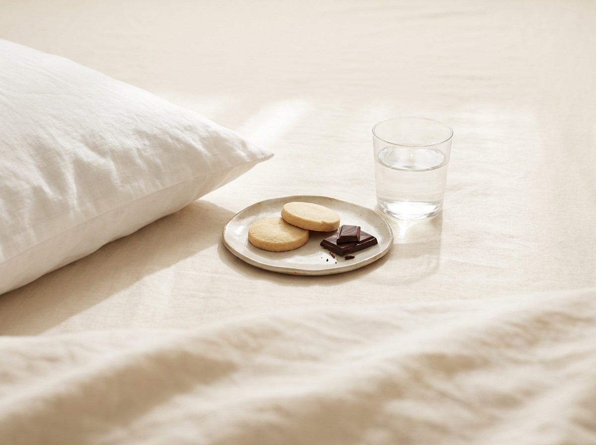The corner of a white linen pillow, a small ceramic plate with two plain cookies and a piece of dark chocolate, and a glass of water clustered on cream linen in soft window light.