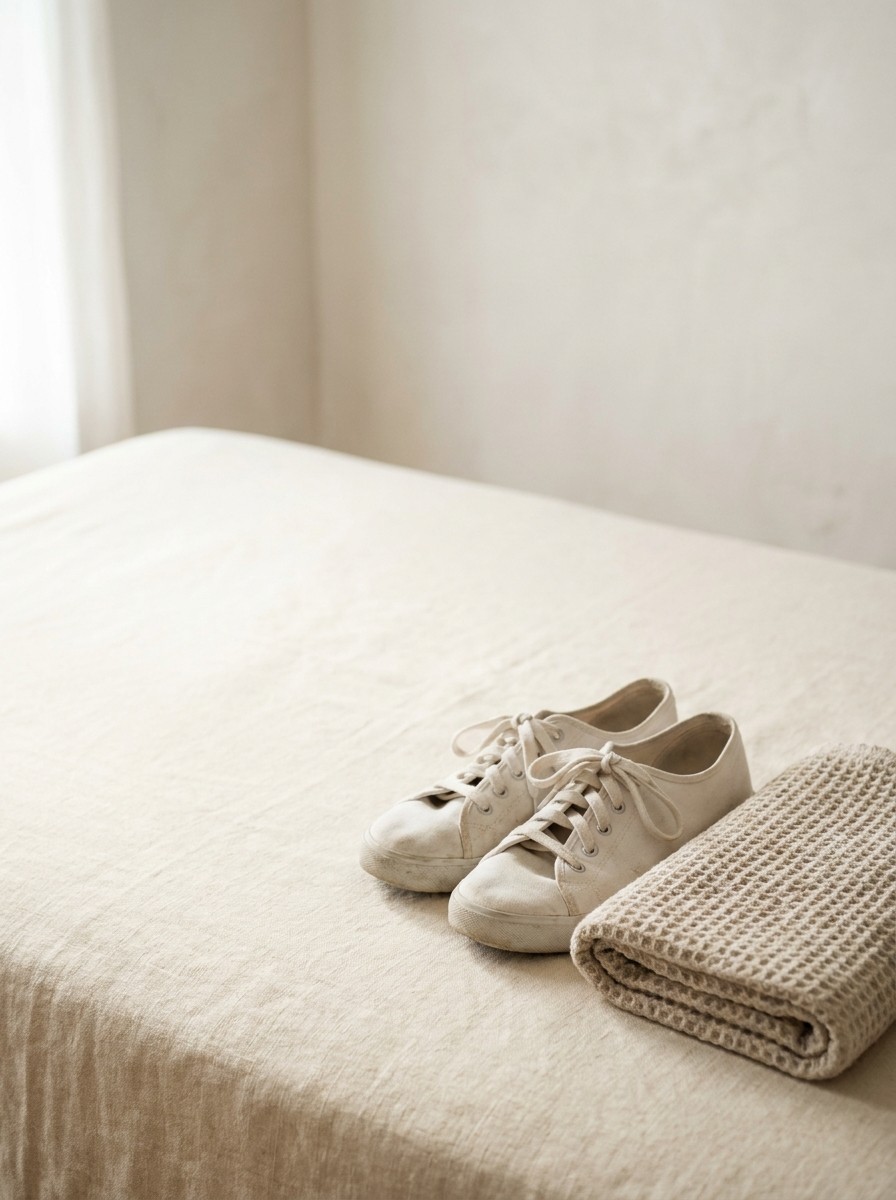 A pair of white walking shoes and a folded oatmeal towel at the lower-right of cream linen, with bright empty space at the upper-left.