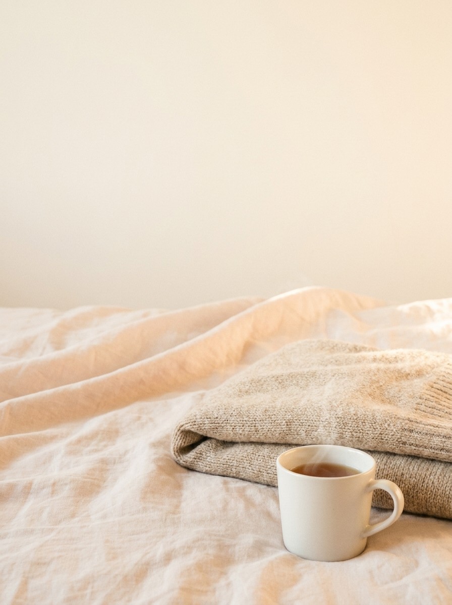 A folded oatmeal knit blanket and a white mug of warm tea on pale linen, with open space at upper left.