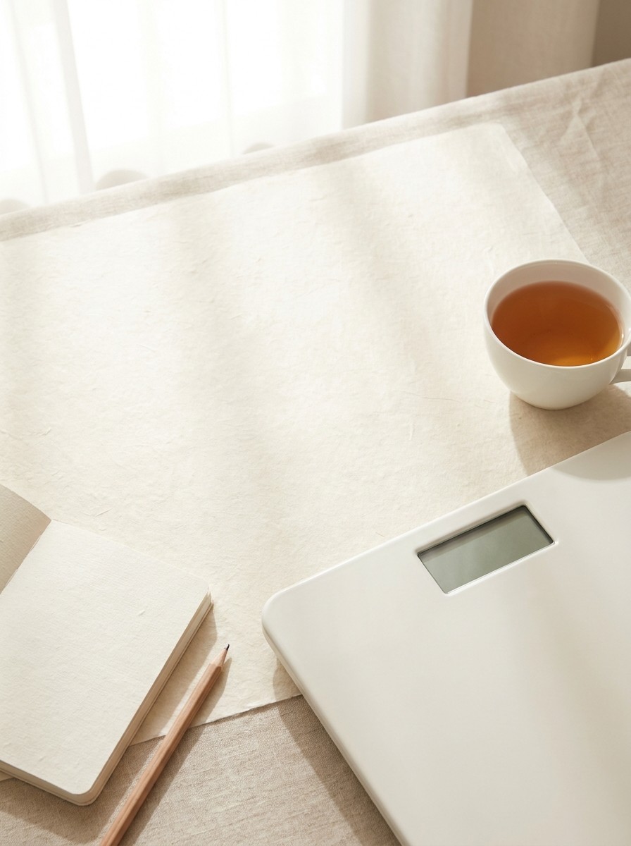 A plain white bathroom scale with a blank display, a blank notebook with a wooden pencil and a cup of warm tea at the lower-right of cream hanji paper, with bright empty space at the upper-left.