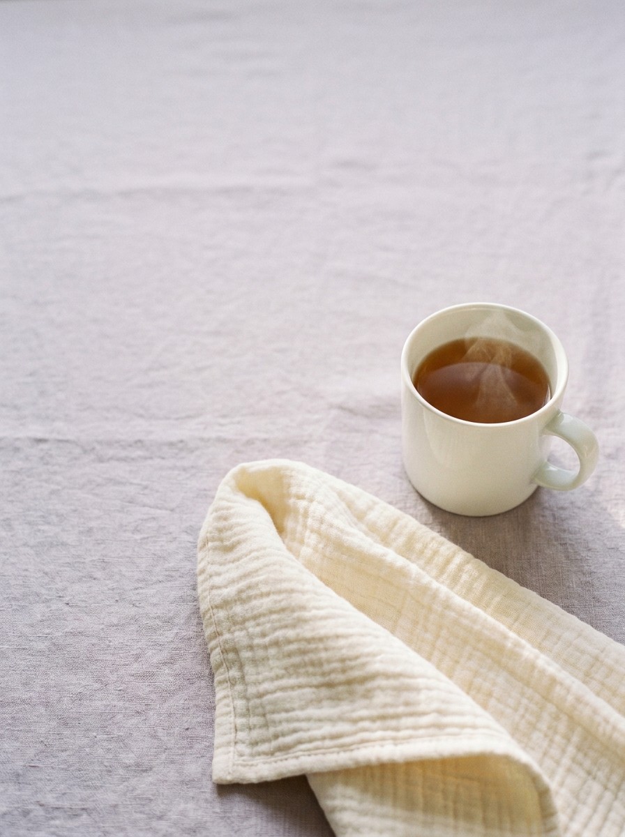 A folded cream muslin baby blanket and a white mug of warm tea on lavender-grey linen, with open space at upper left.