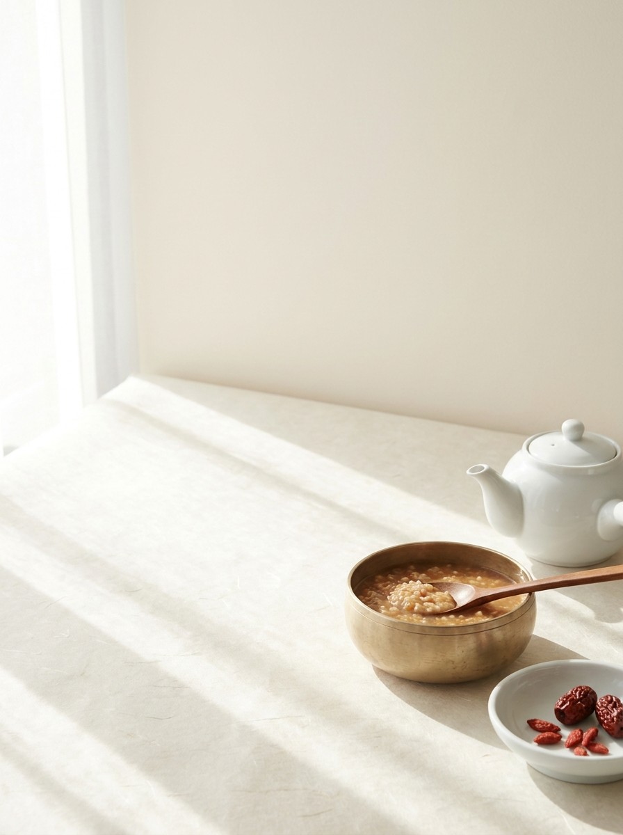 A white porcelain teapot, a brass bowl of warm porridge with a wooden spoon and a small dish of dried jujubes and goji berries at the lower-right of cream hanji paper, with bright empty space at the upper-left.