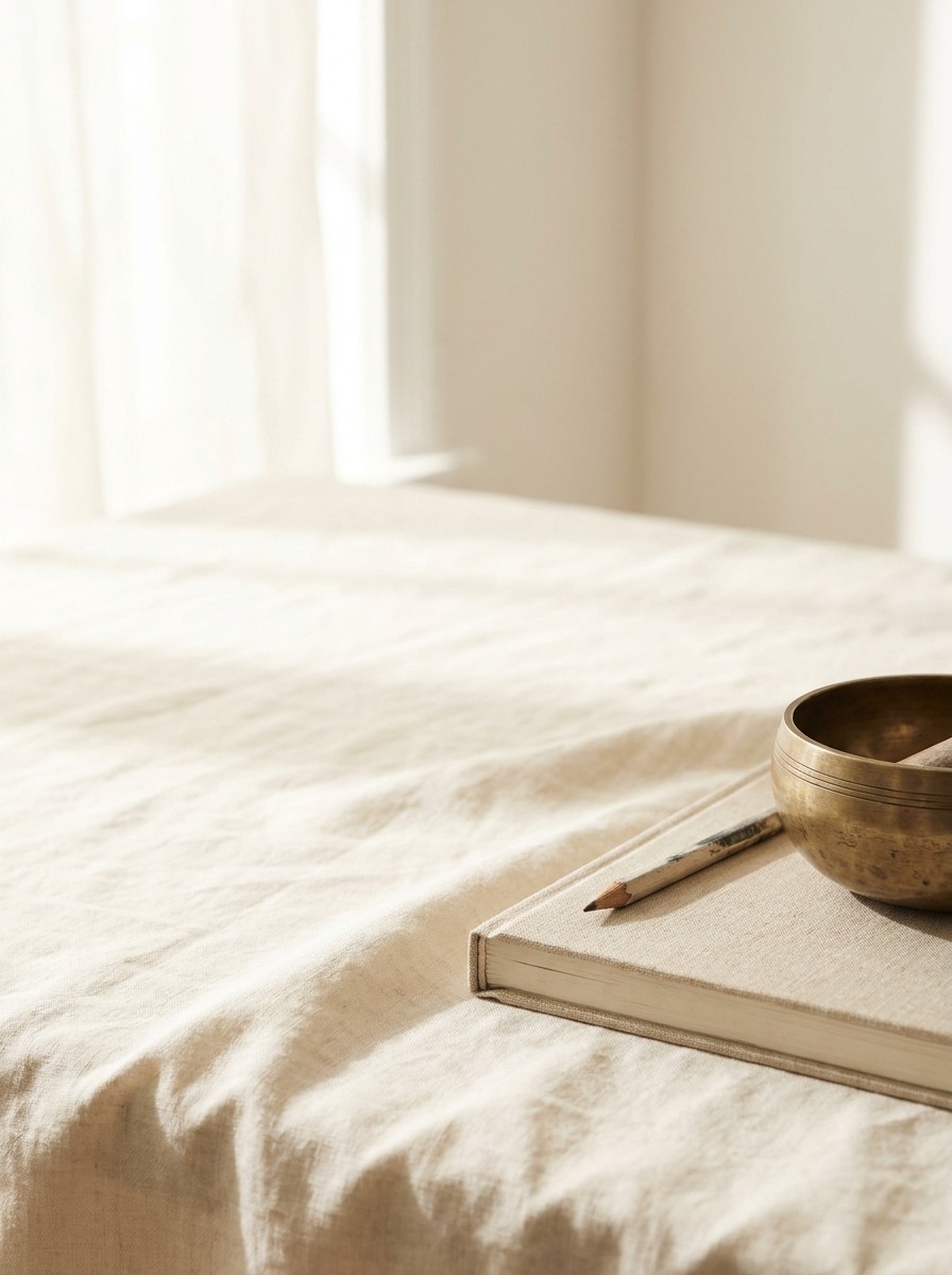 A linen-covered notebook with a pencil and a small brass singing bowl at the lower-right of cream linen, with bright empty space at the upper-left.