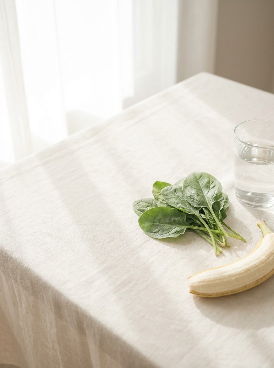Fresh spinach, half a banana and a glass of water pushed to the lower-right of cream linen, the upper-left left empty.