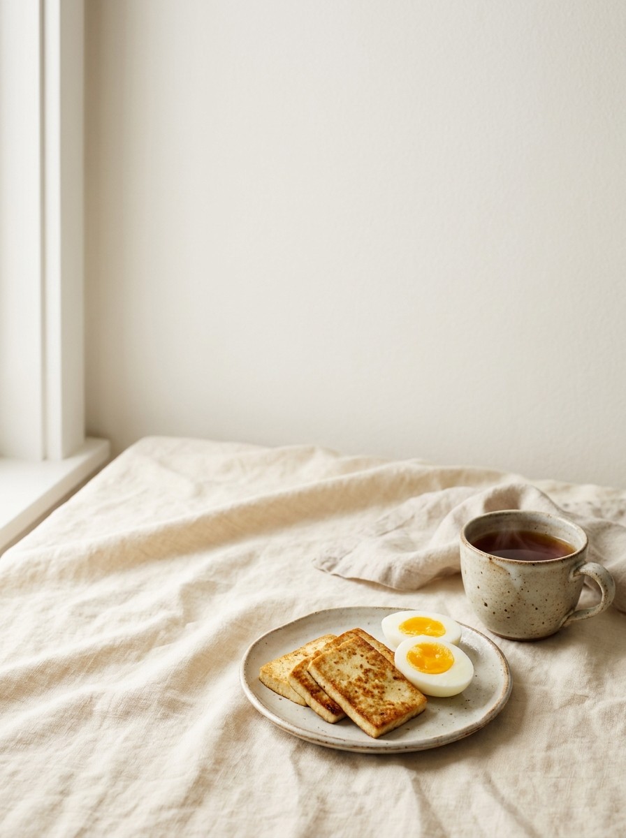 A plate of pan-seared tofu and a halved boiled egg beside a cup of tea at the lower-right of cream linen, with bright empty space at the upper-left.