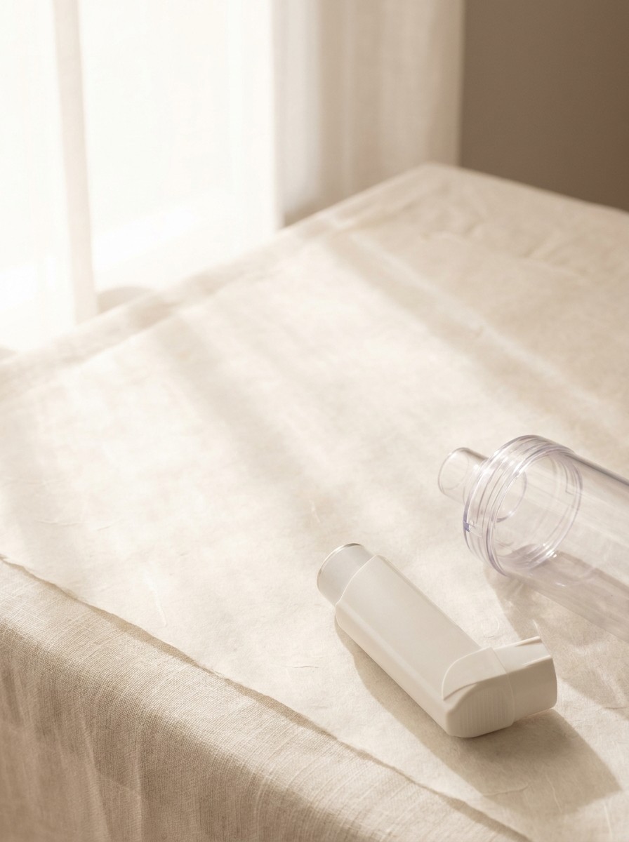 A plain white inhaler next to a clear spacer chamber pushed to the lower-right of cream linen and hanji, the upper-left left empty in soft window light.