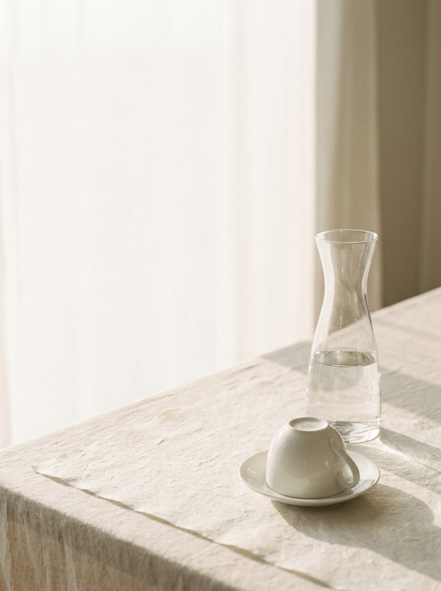 A glass water carafe and a white teacup turned upside down on its saucer pushed to the lower-right of cream linen and hanji, the upper-left left empty in soft window light.