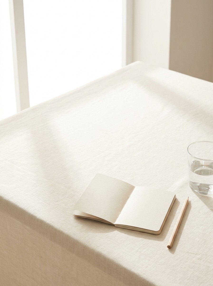 A small blank notebook with a pencil and a clear glass of water pushed to the lower-right of cream linen, the upper-left left empty in soft window light.