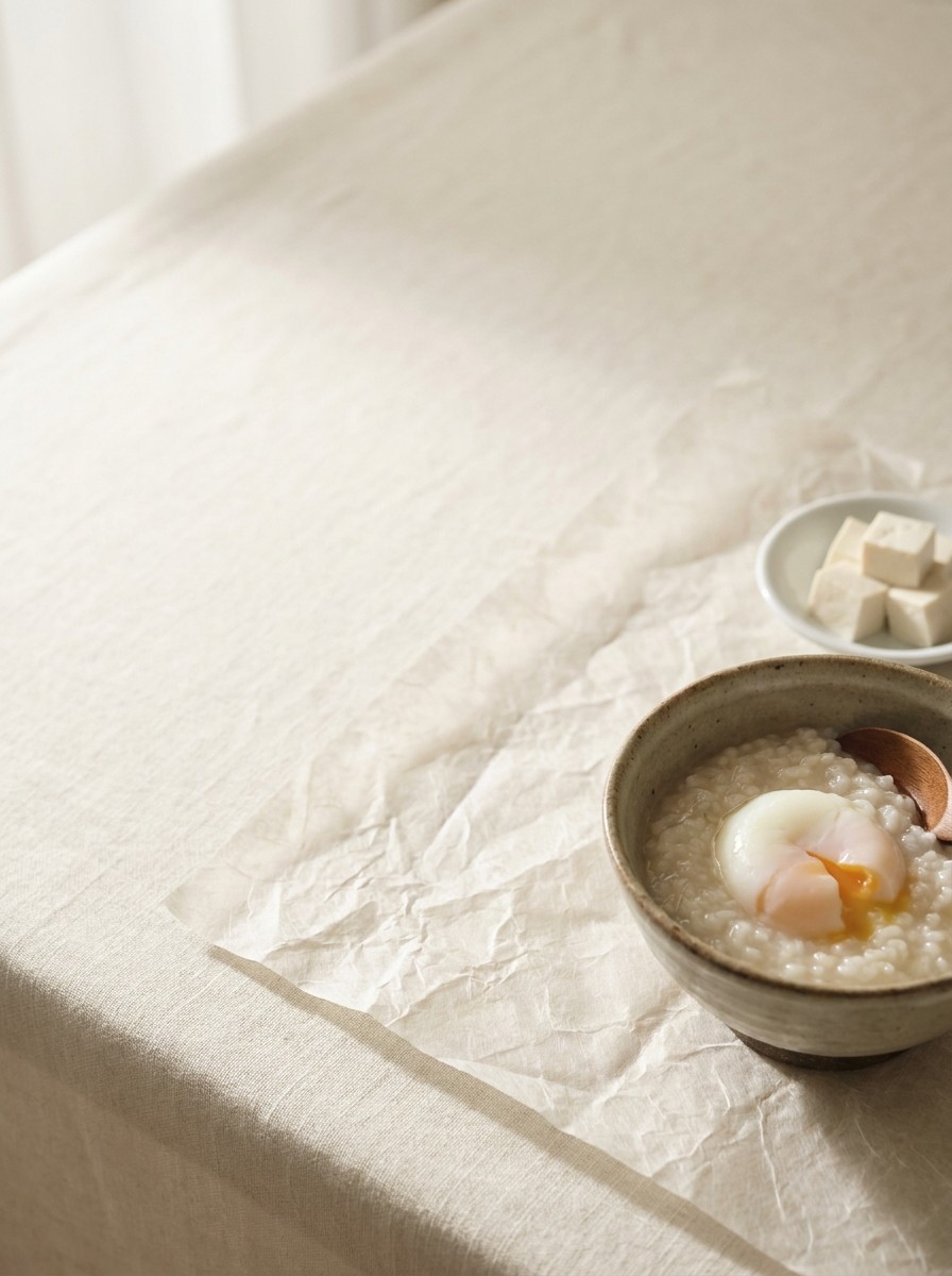 A bowl of rice porridge with a soft-boiled egg and a small dish of tofu pushed to the lower-right of cream linen and hanji, the upper-left left empty in soft window light.