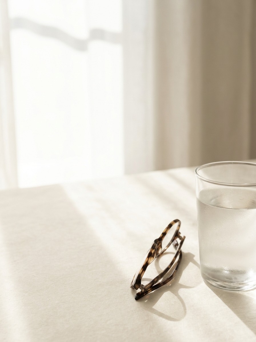 A soft natural-light still life with the props at the lower-right and bright empty space at the upper-left.
