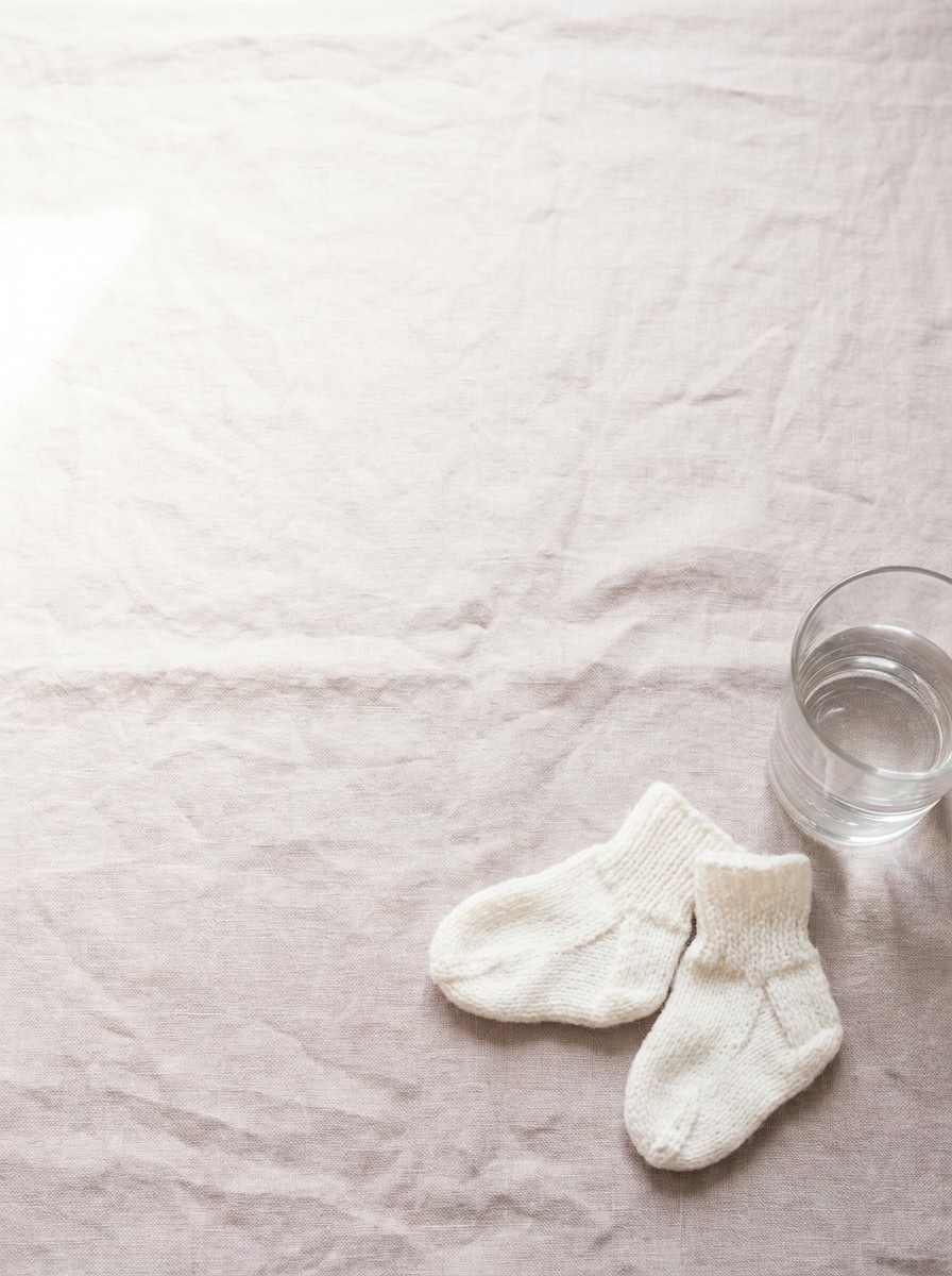 A pair of tiny white knitted baby socks and a clear glass of water on pale warm-gray linen, with open space at upper left.