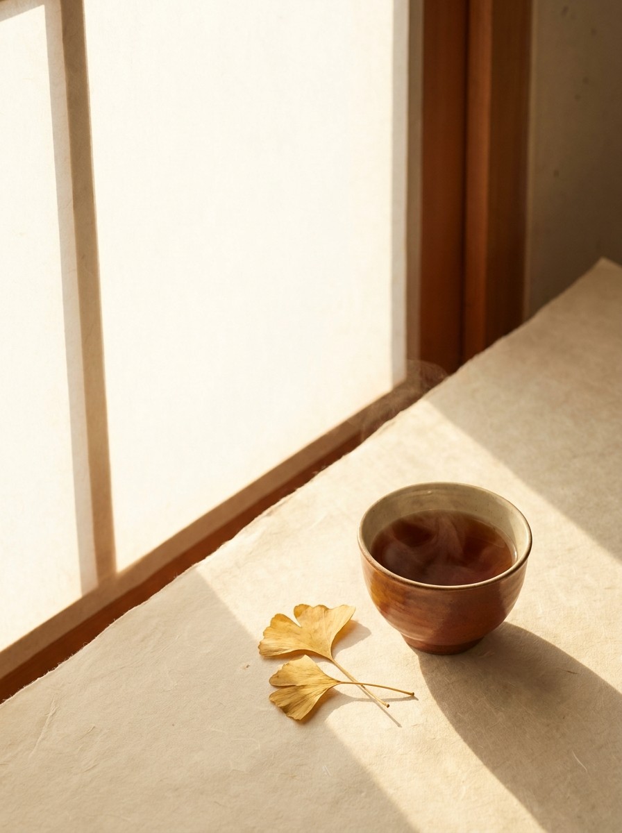 A cup of warm barley tea and two yellow ginkgo leaves at the lower-right of sunlit cream hanji paper, with bright empty space at the upper-left.
