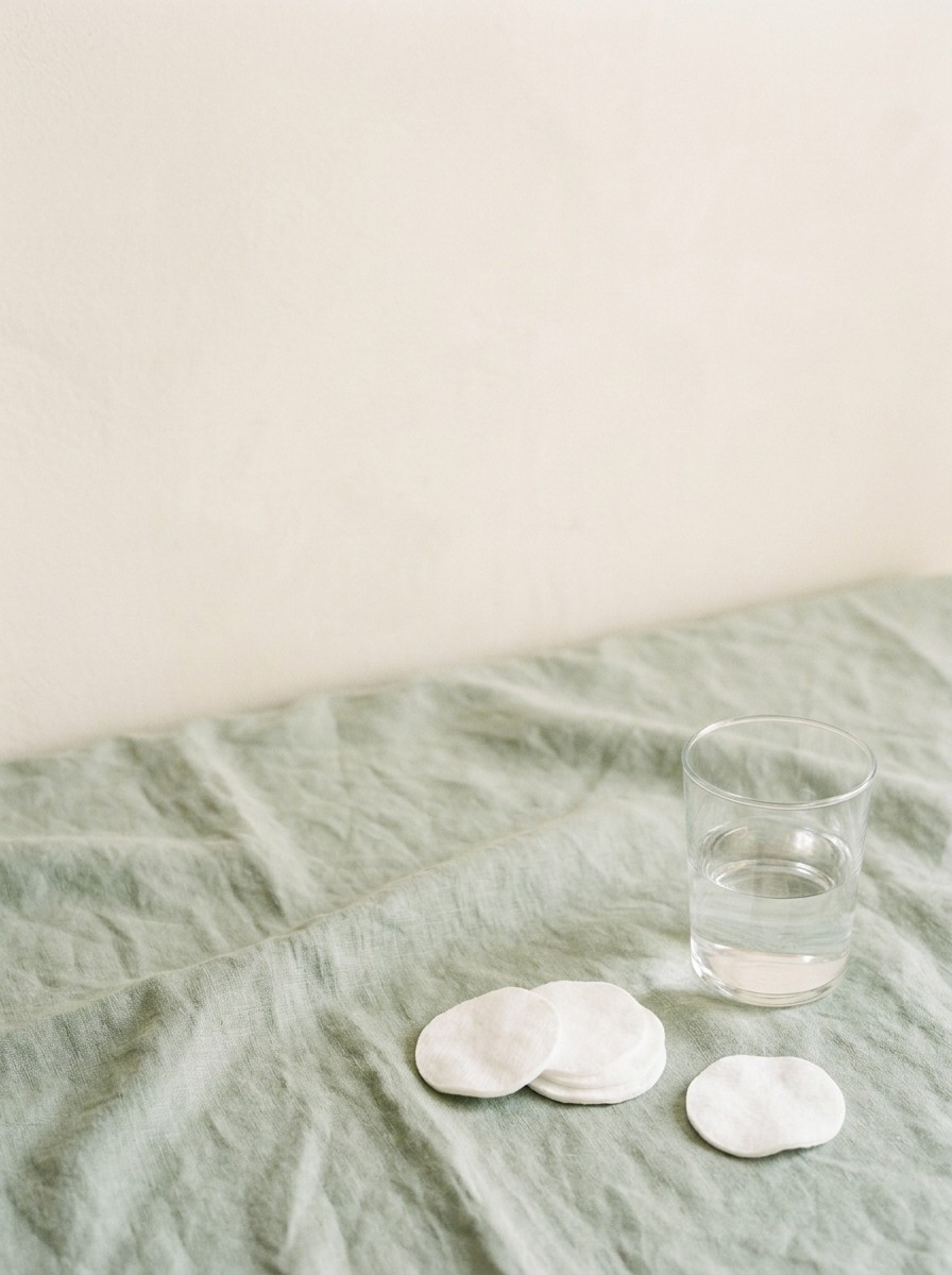 Round white cotton pads and a clear glass of water on sage linen, with open space at upper left.