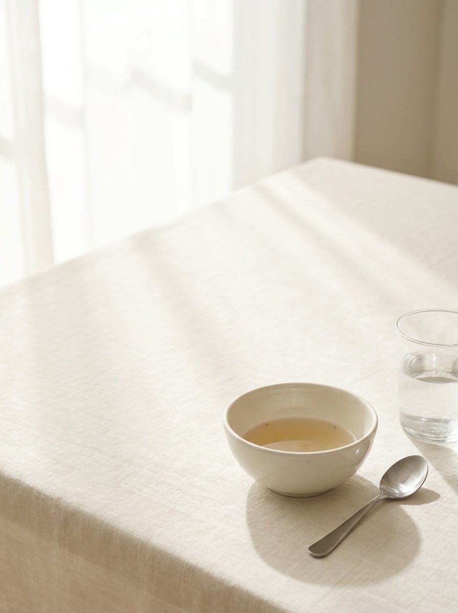 A small ceramic bowl with a little clear broth left, a spoon and a glass of water pushed to the lower-right of cream linen, the upper-left left empty in soft window light.