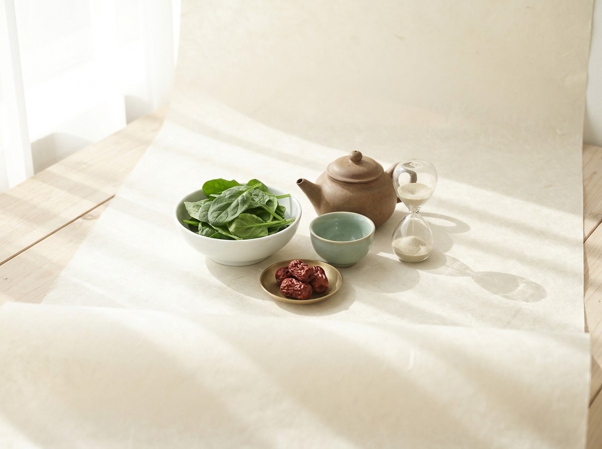 A white porcelain bowl of fresh spinach, a small clay teapot with an empty celadon cup, a glass sand timer and dried jujubes on a brass dish clustered on cream hanji paper in soft window light.