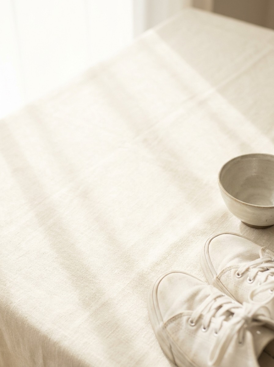 A pair of white canvas sneakers and a small ceramic rice bowl at the lower-right of cream linen, with bright empty space at the upper-left.