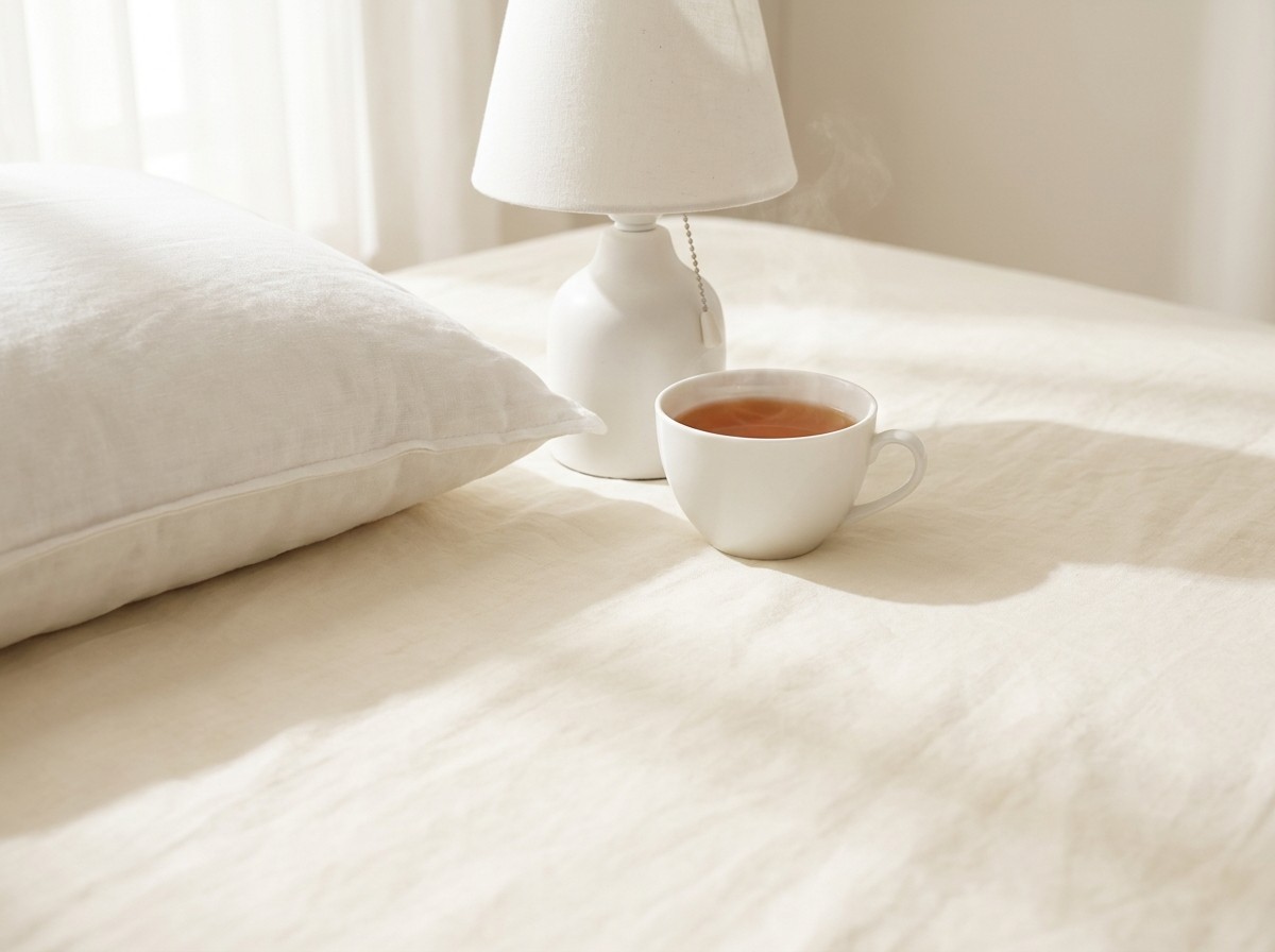The corner of a white linen pillow, a white porcelain cup of warm jujube tea and a small switched-off ceramic bedside lamp clustered on cream linen bedding in soft morning light.