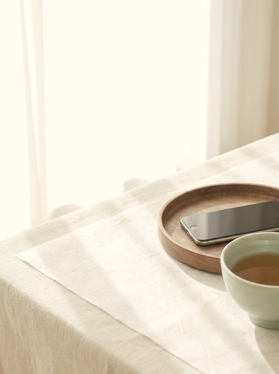 A smartphone in a small wooden tray and a celadon teacup pushed to the lower-right of cream linen and hanji, the upper-left left empty in soft window light.