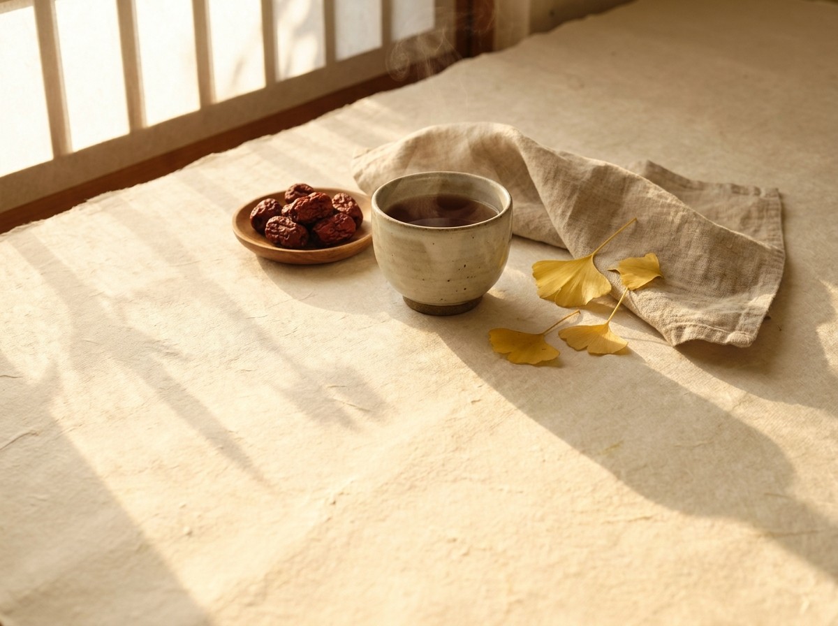 A cup of warm barley tea, a small dish of dried jujubes, fallen yellow ginkgo leaves and a folded linen cloth on cream hanji paper in low golden morning sunlight.