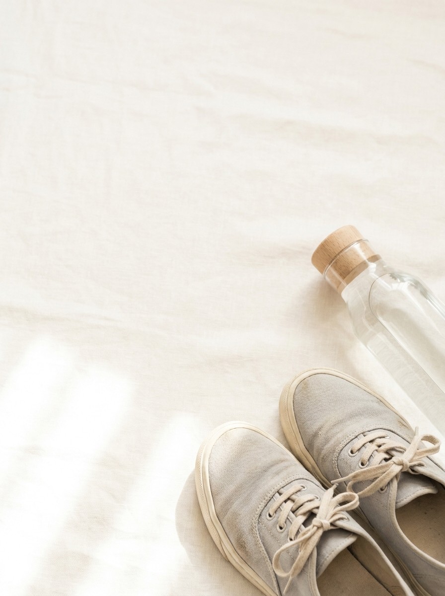A pair of light grey walking shoes and a clear glass bottle of water pushed to the lower-right of cream linen, the upper-left left empty.
