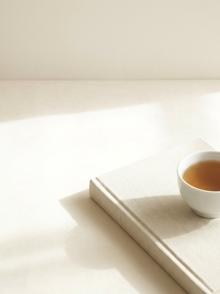 A closed linen-covered book and a white porcelain cup of warm barley tea at the lower-right of cream hanji paper, with bright empty space at the upper-left.