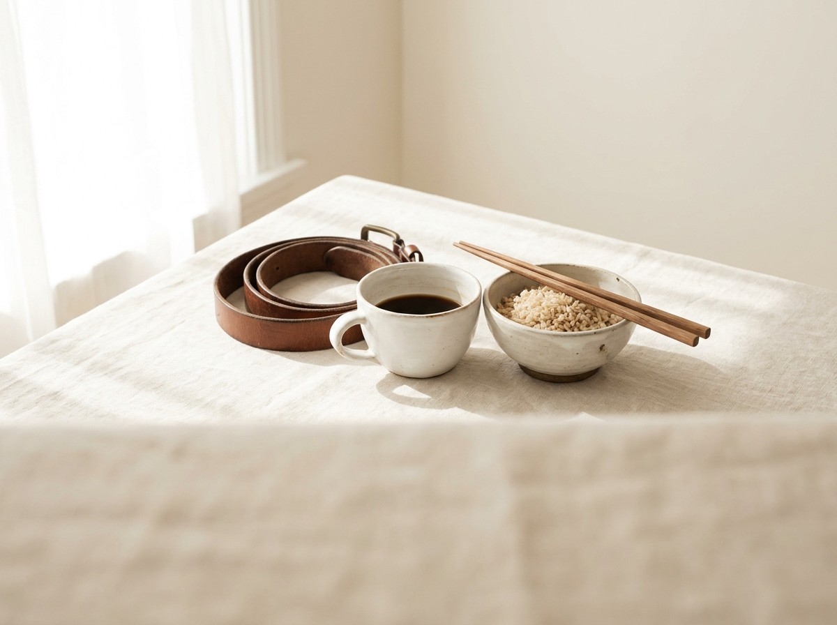 A loosely coiled brown leather belt, a half-finished cup of black coffee and a small bowl of brown rice with chopsticks on cream linen in soft window light.