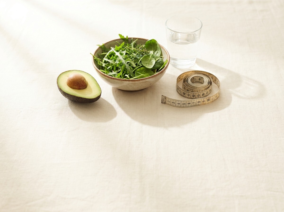 A halved avocado, a ceramic bowl of mixed leafy greens, a glass of water and a coiled cloth measuring tape grouped on cream linen in soft window light.