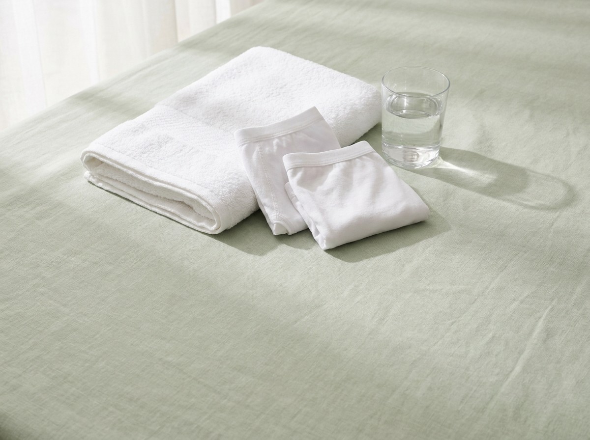 A folded white cotton towel, two folded plain white cotton underwear and a clear glass of water on pale sage-green linen in soft morning light.