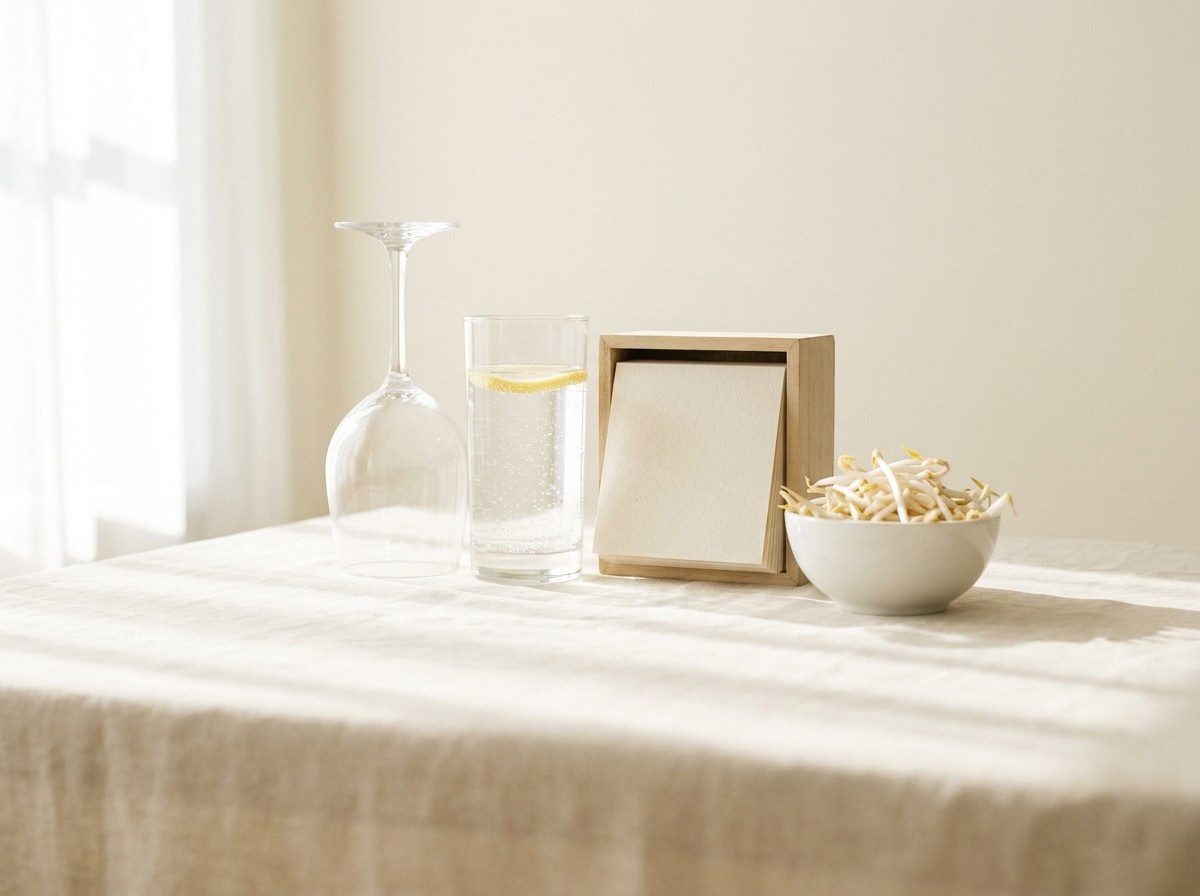 An upside-down wine glass, a glass of sparkling water with lemon, a blank desk calendar block and a bowl of bean sprouts grouped on cream linen in soft window light.