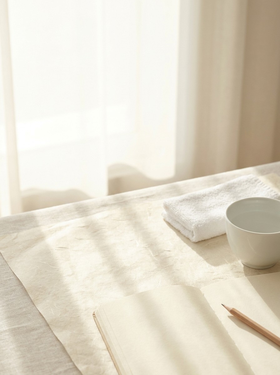 A blank notebook with a wooden pencil, a folded white hand towel and a porcelain cup of water at the lower-right of cream hanji paper, with bright empty space at the upper-left.