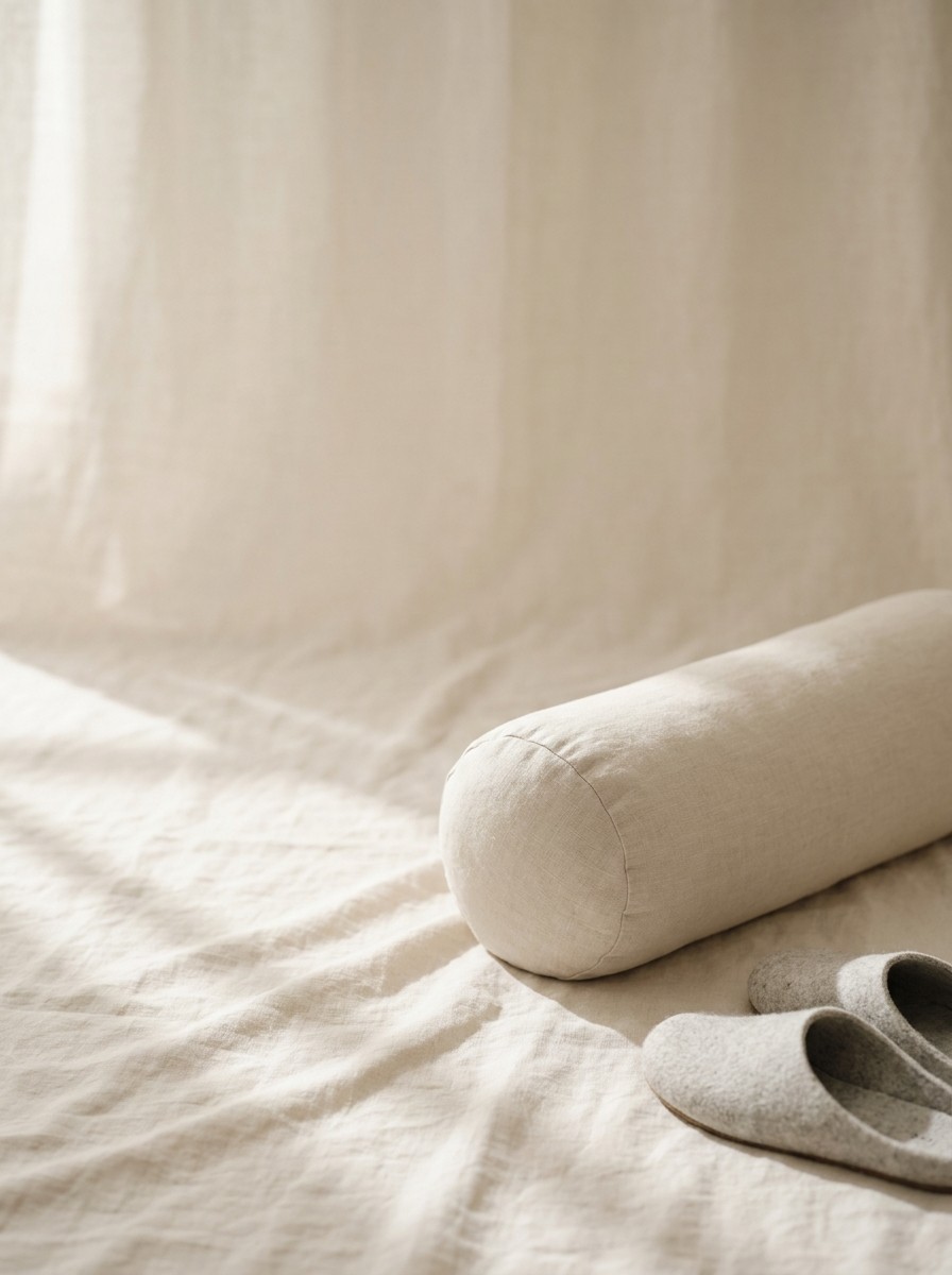A pale linen leg-rest cushion and grey felt slippers pushed to the lower-right of cream linen, the upper-left left empty in soft window light.