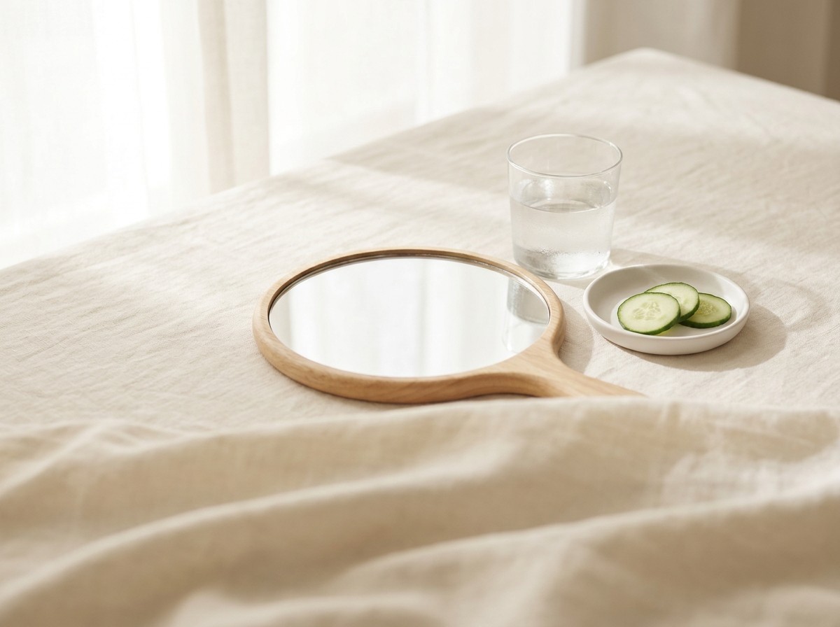 A round wooden hand mirror lying face up beside a glass of water and a small dish of cucumber slices on cream linen in soft window light.