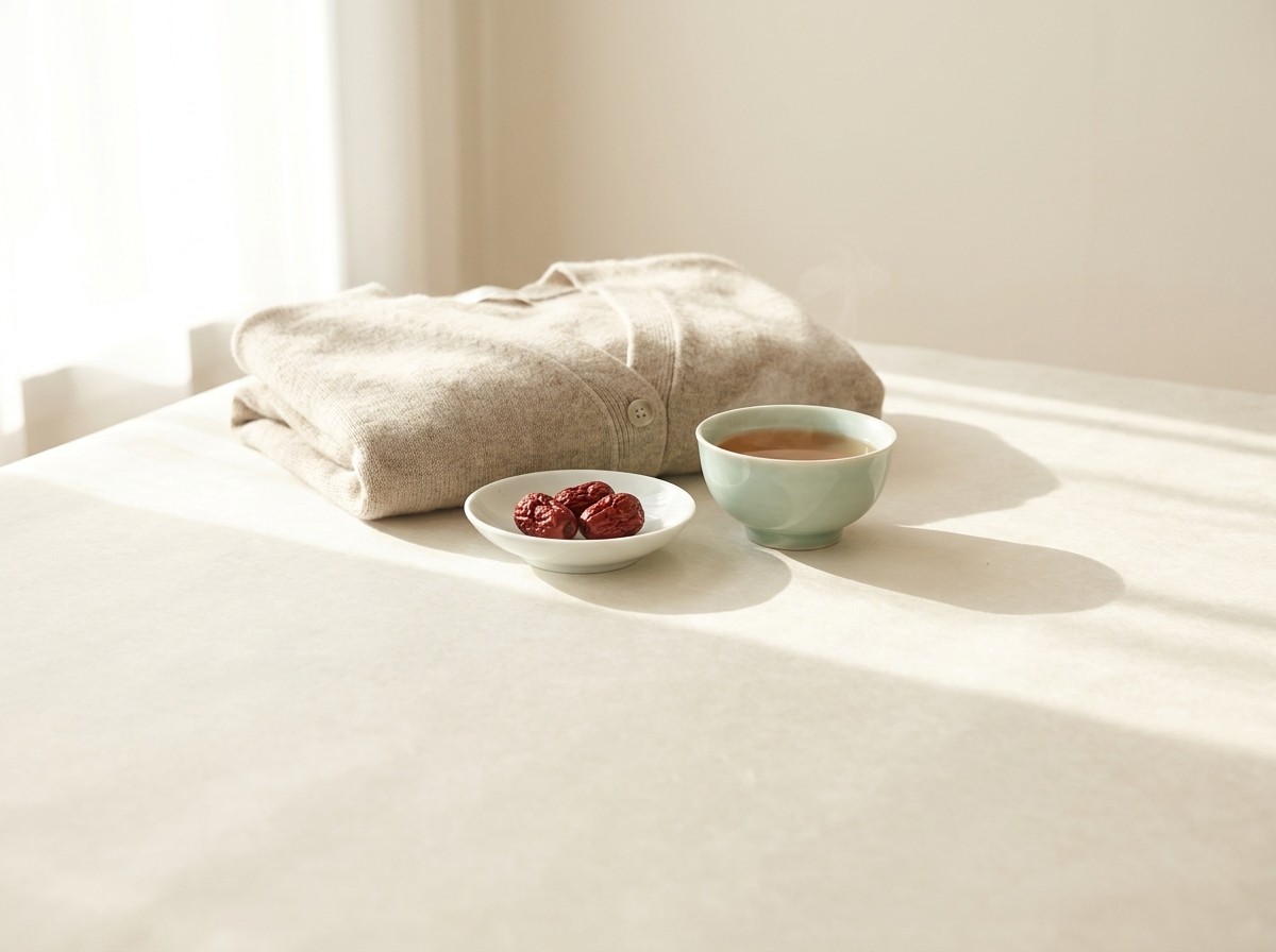 A folded oatmeal knit cardigan, a white porcelain dish of dried jujubes and a celadon cup of warm tea on cream rice paper in soft window light.