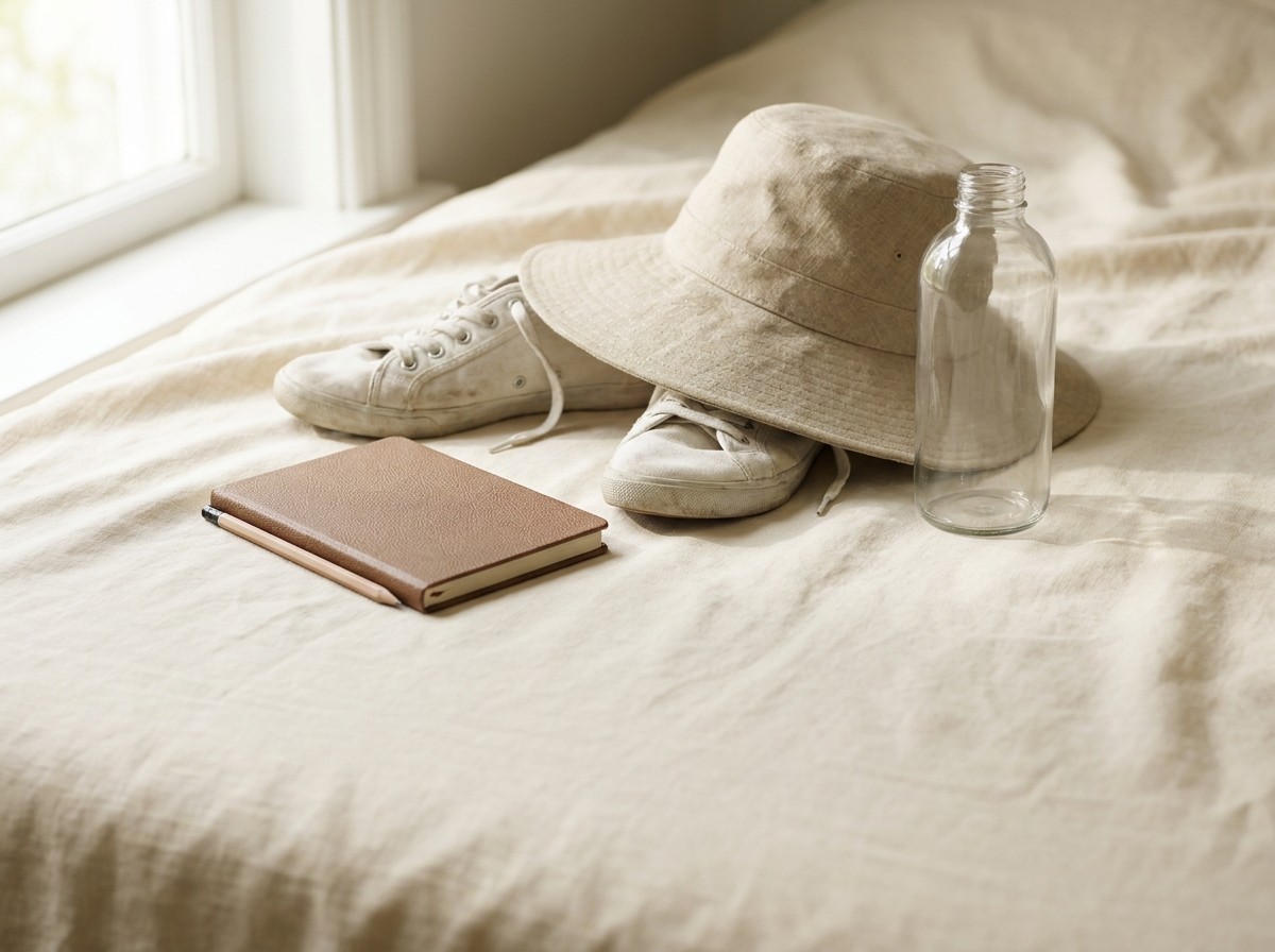 A beige linen sun hat, white walking shoes, a glass water bottle and a small notebook with a pencil on cream linen in soft light.