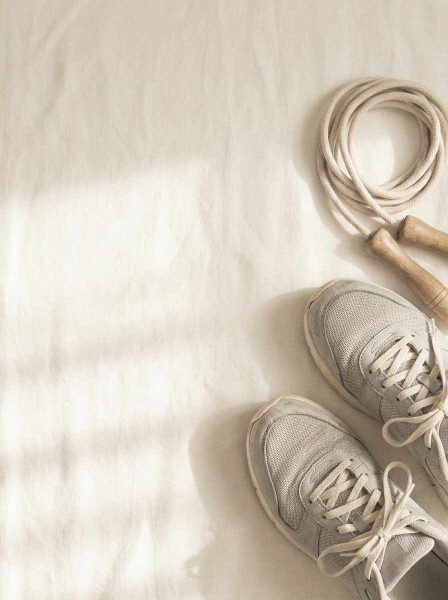 A pair of light gray running shoes and a coiled jump rope pushed to the lower-right of cream linen, the upper-left left empty.