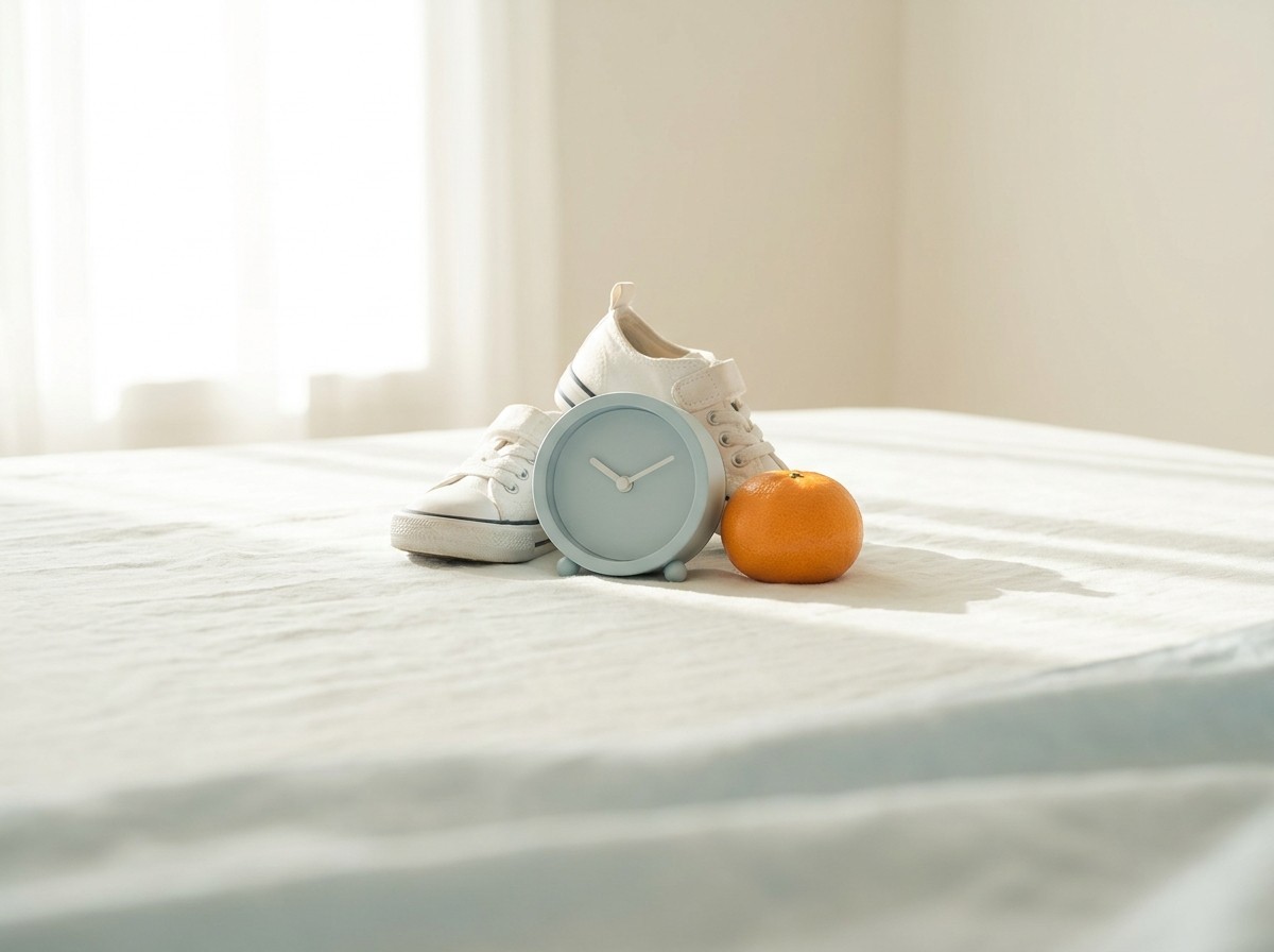 A pair of small white canvas child's sneakers, a pale-blue alarm clock with a blank face and a mandarin orange on light cream linen in soft window light.