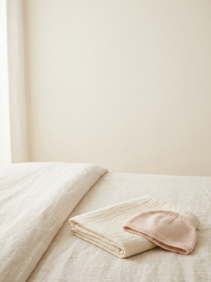 A folded cream muslin nursing cloth and a small pale pink knitted baby hat on a linen bedsheet, with open space at upper left.