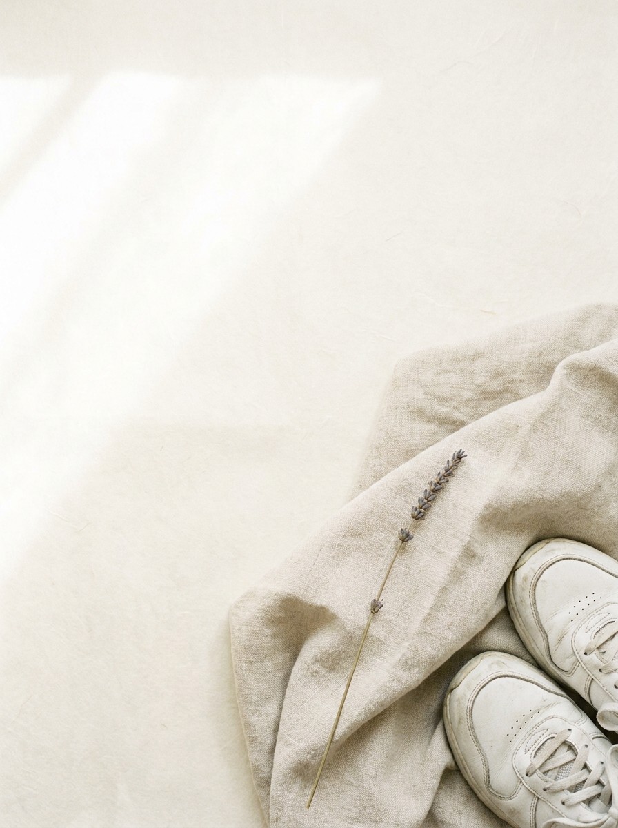 A folded oatmeal linen blanket with a dried lavender stem and a pair of white sneakers pushed to the lower-right of cream hanji, the upper-left left empty.