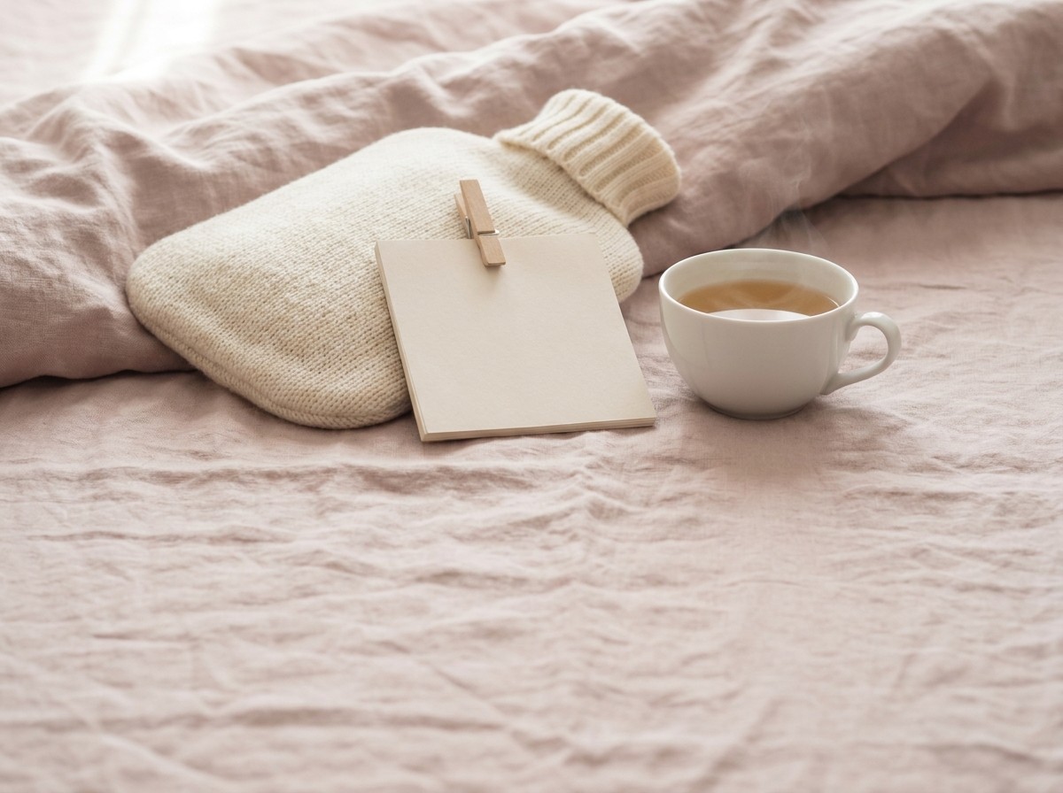 A cream knitted hot-water bottle, a small blank paper note and a white cup of warm tea on pale dusty-rose linen in soft morning light.