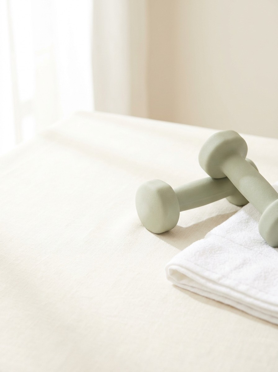 A pair of small sage-green hand weights resting on a folded white towel at the lower-right of cream linen, with bright empty space at the upper-left.