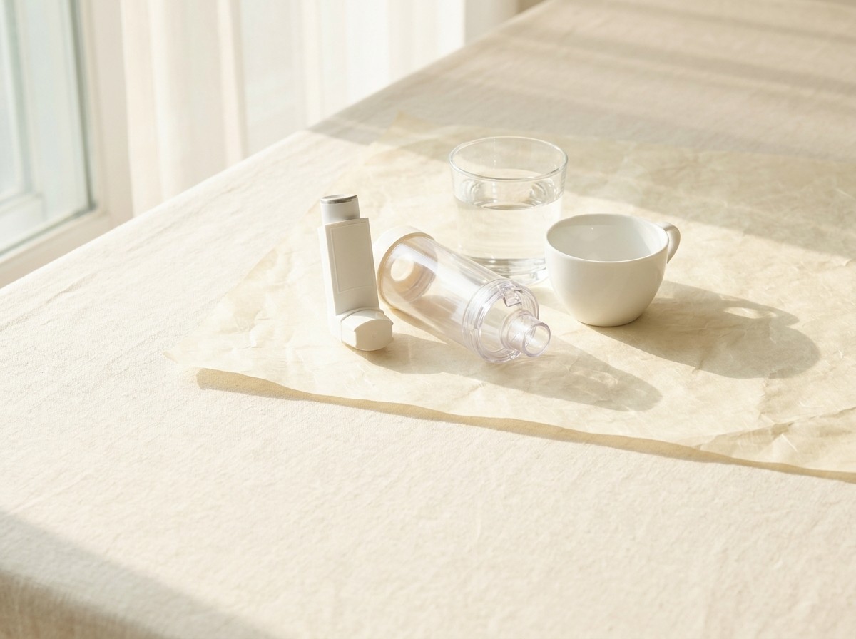A plain white inhaler beside a clear spacer chamber, a glass of water and a small white rinsing cup grouped on cream linen and hanji in soft window light.