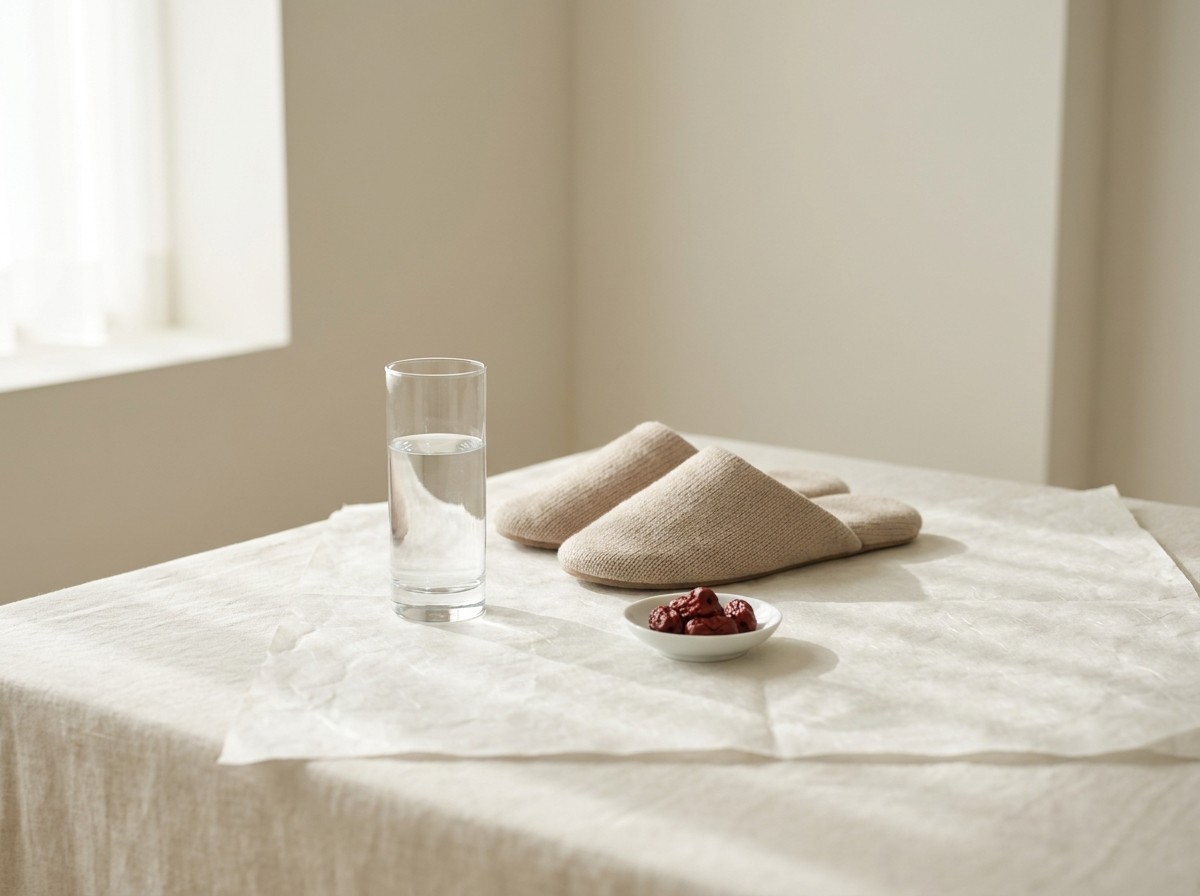 A tall glass of water, beige knit slippers and a small white porcelain dish of dried jujubes grouped on cream linen and hanji in soft window light.