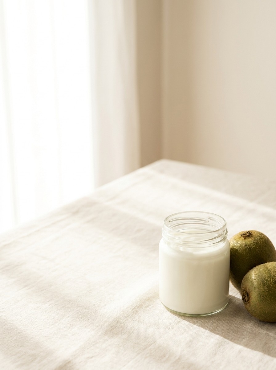 A small unlabeled jar of plain yogurt and two whole green kiwis at the lower-right of cream linen, with bright empty space at the upper-left.