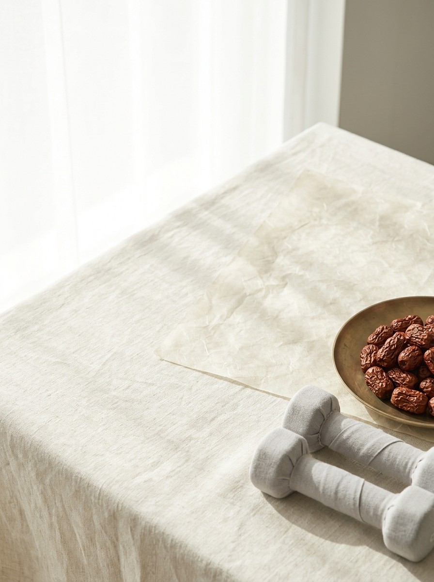 A pair of grey cloth-covered hand weights and a brass dish of dried jujubes pushed to the lower-right of cream linen and hanji, the upper-left left empty.