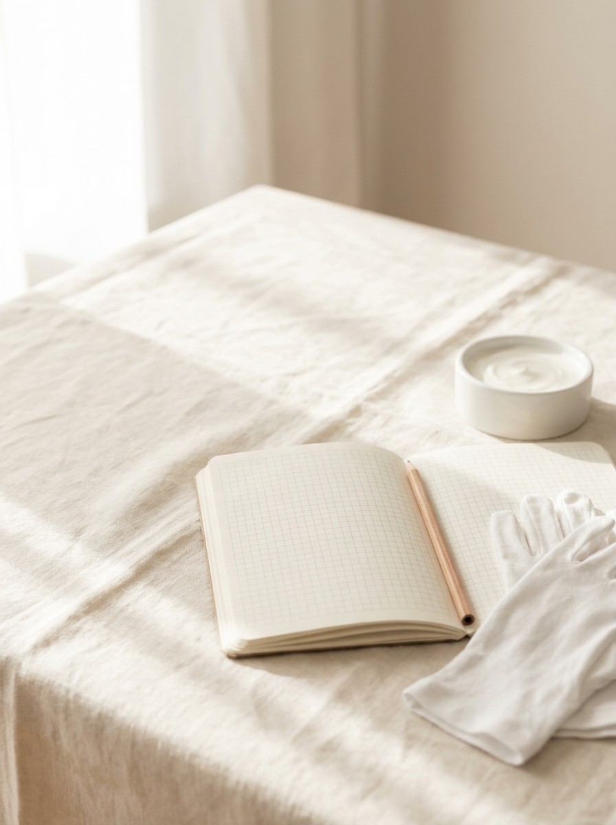 A blank grid notebook with a wooden pencil, folded white cotton gloves and a small dish of plain cream at the lower-right of cream linen, with bright empty space at the upper-left.