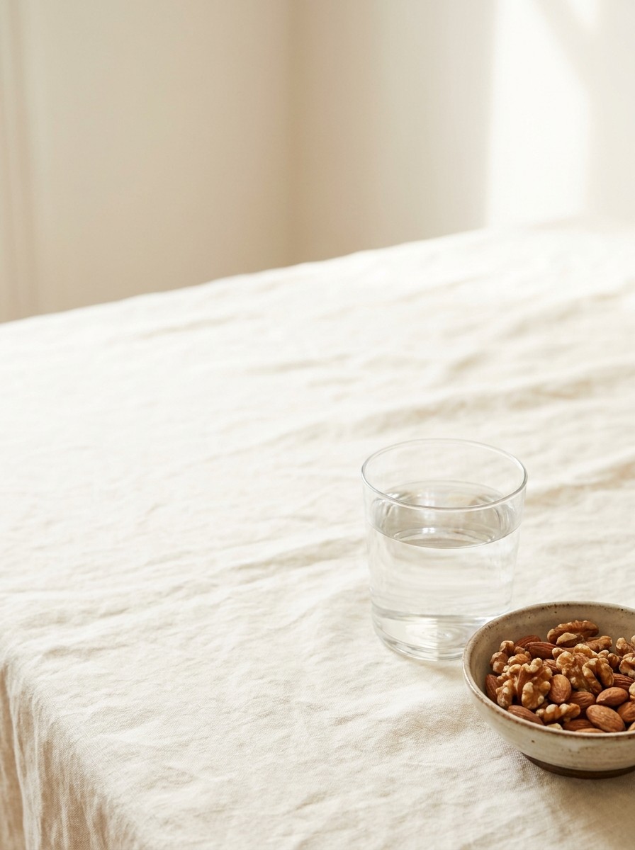 A glass of water and a small bowl of walnuts and almonds at the lower-right of cream linen, with bright empty space at the upper-left.