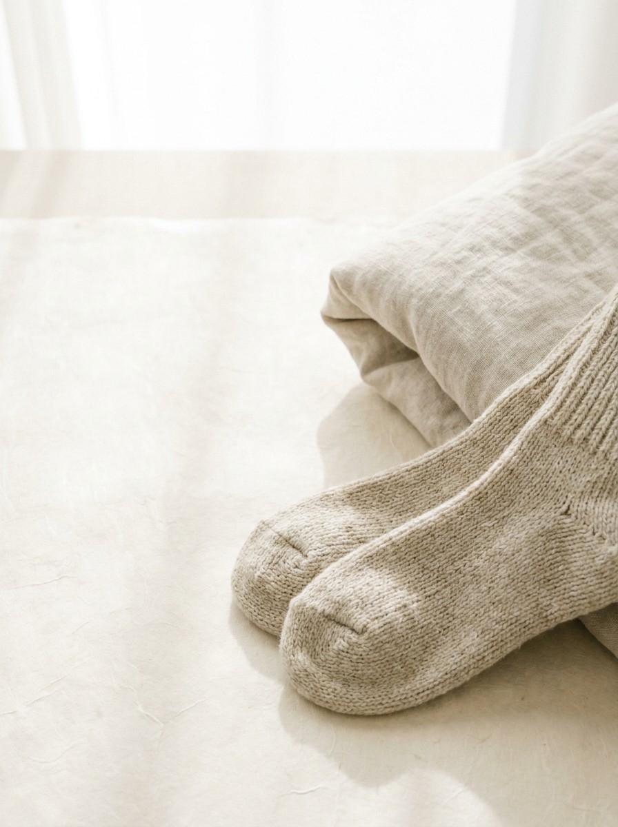 A pair of knitted oatmeal wool bed socks and a folded linen blanket pushed to the lower-right of a hanji surface, the upper-left left empty.