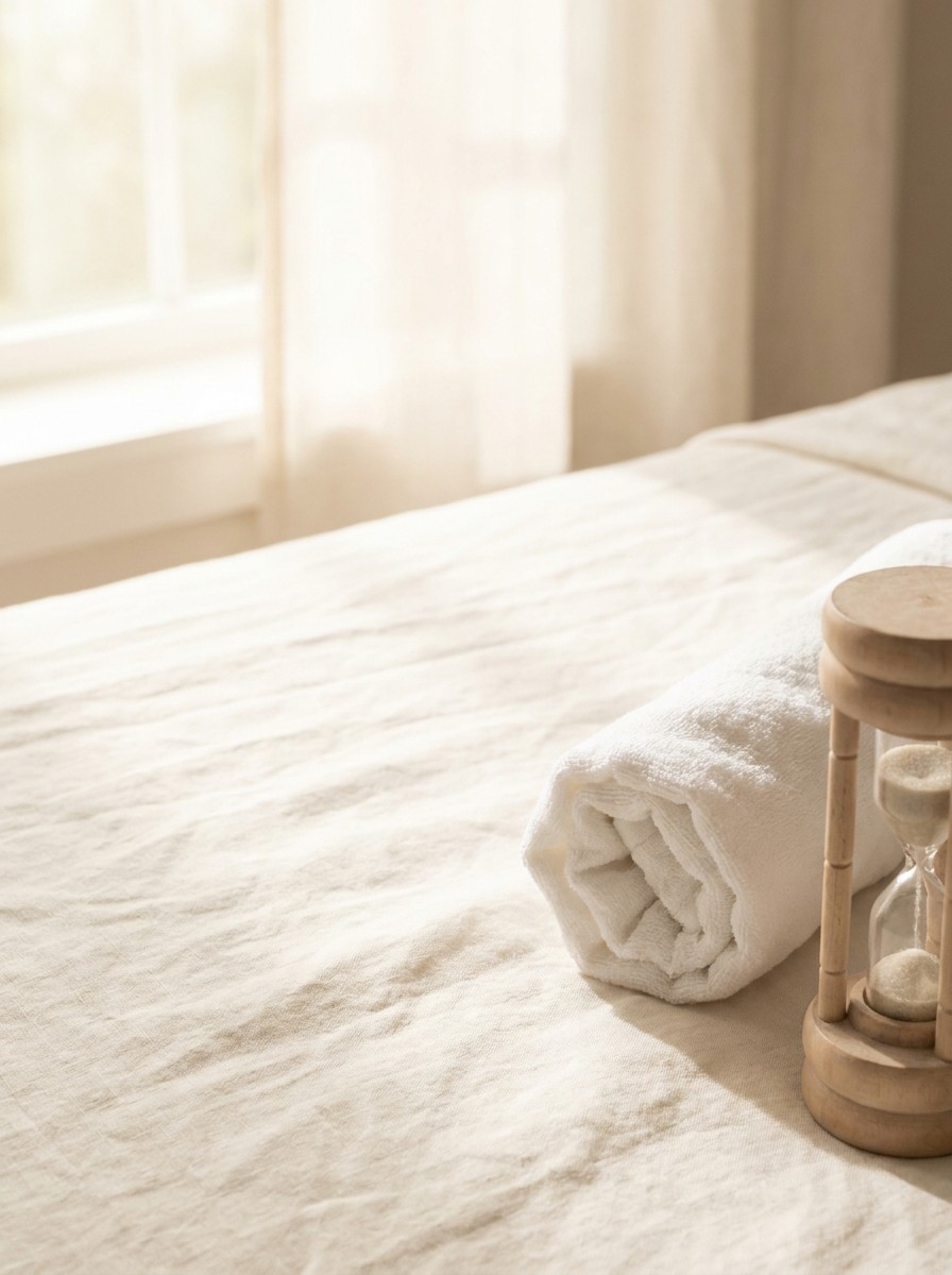 A wooden hourglass with pale sand and a rolled white towel pushed to the lower-right of cream linen, the upper-left left empty.