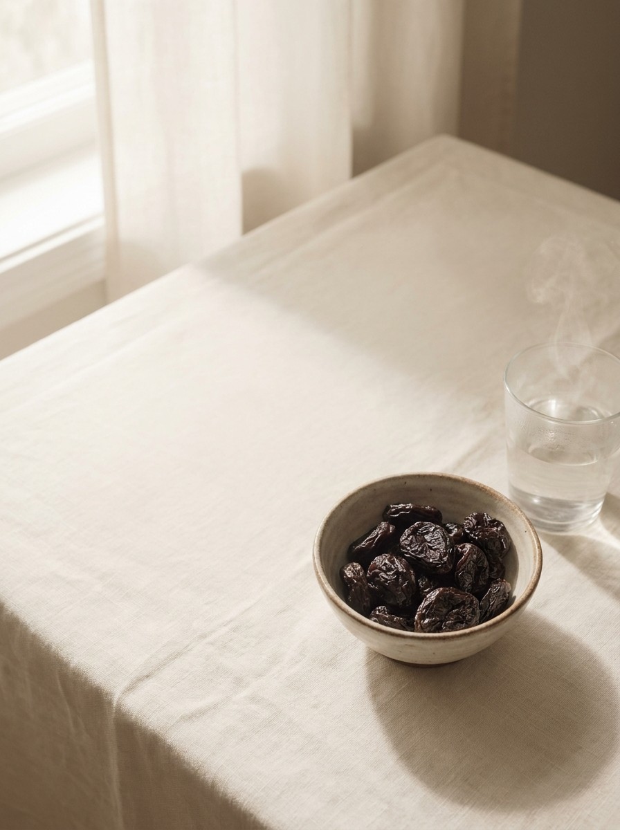 A ceramic bowl of dried prunes and a glass of warm water at the lower-right of cream linen near a window, the upper-left left bright and empty.